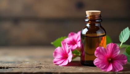 Geranium oil bottle, fresh blooms, rustic wood , texture, aromatherapy, health