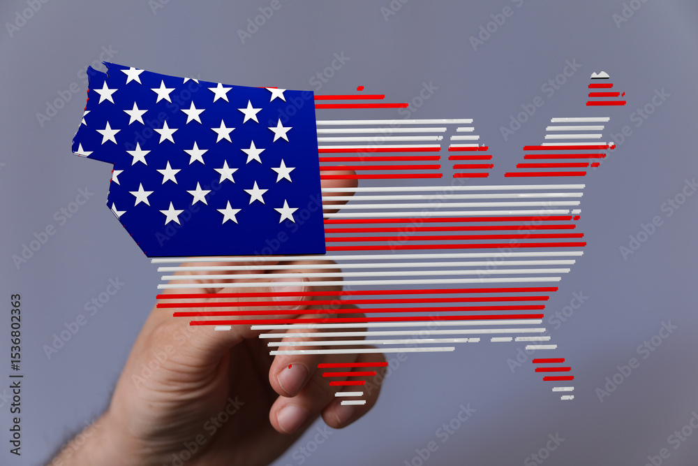 Poster hand interacting with a digital map of the usa formed with american flag stripes.