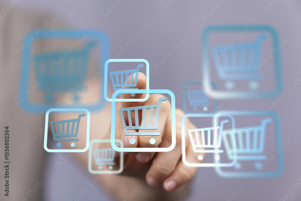 Poster e-commerce concept. hand selecting a digital shopping cart icon on a touchscreen.