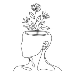 Personal goals concept. Single line draw design. Inside the head vector with tree symbol illustration. New flat trendy icon.
