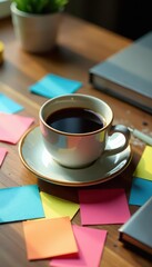 Scattered notes surround a ceramic coffee cup on a desk, objects, organized chaos, paper