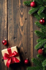 Rustic wooden background, gift with ribbon, copy space, bow, bowknot