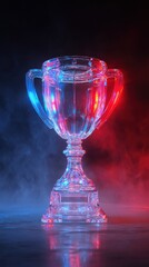 Stunning photo of 3D rendering of a transparent glass trophy with red and blue light on a dark background, a concept award for a sports competition or business success. A.