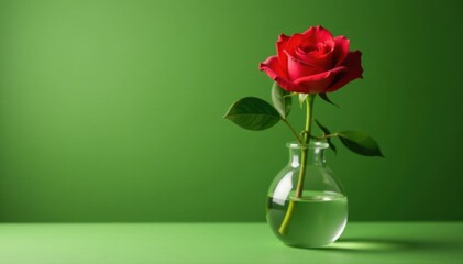Single red rose in glass vase, olive green backdrop Focus on bloom, ample copy space , detail, copy space