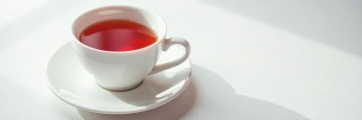 Single white teacup with red tea, isolated White table, ample copy space , classic, warm