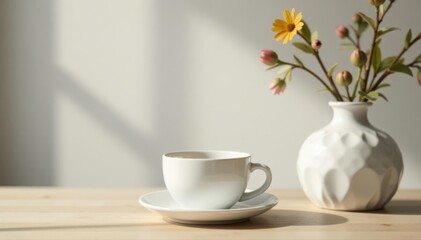 Sleek white ceramic coffee set & vase Contemporary interior scene, simple tabletop styling , decor, object