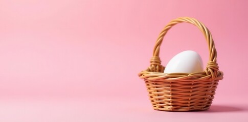 Single wicker basket, one egg; pastel pink background, soft, graphic, organic