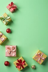 Stylish gift boxes & Xmas ornaments on pastel green, flatlay, flatlay, green