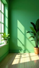 Sunlit empty room, lush green wall, plant accents, blank space , interior, minimalist