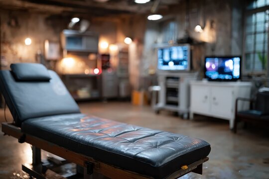 This image portrays an abandoned treatment room filled with outdated medical equipment, creating an unsettling atmosphere of neglect and forgotten care.