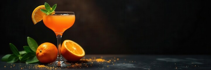 Vibrant cocktail, orange & mint garnish Black background , night, citrus