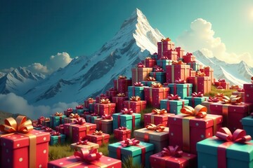 Vast mountain of wrapped gifts, diverse sizes and colors , xmas, joy, generosity