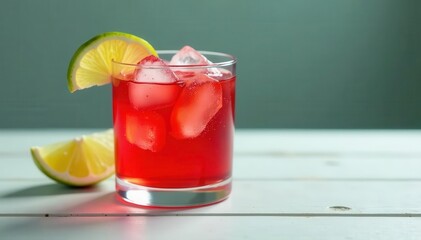Vibrant red cocktail, ice, lime wedge on white wood , beverage, overhead shot, garnishing