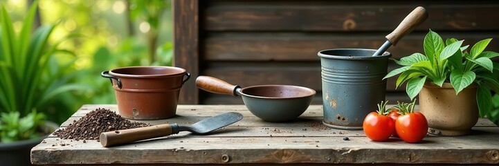 Vintage gardening tools arranged on weathered spring wood table , aged, spade