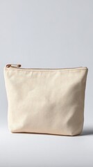 Stunning photo of cosmetic bag mockup template isolated on white background. Copy space. Blank beige canvas cosmetic bag.