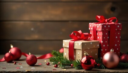 Warm wood backdrop, wrapped gifts, glittering ornaments, festive arrangement, texture, decorations, bow