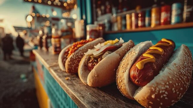 Hot Dogs: Sizzling hot dogs in buns with condiments. A row of delicious, perfectly prepared hot dogs lined up on a counter ready to serve and satisfy hungry customers.
