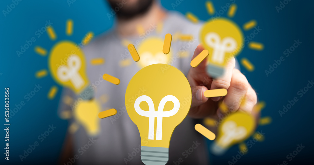 Poster a man interacts with a glowing lightbulb, symbolizing innovation and creativity.