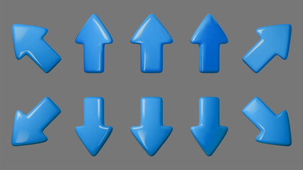 Blue 3D arrows vector illustration on a gray background, showcasing various directions for infographic, navigation, and web design needs. Perfect for UI UX projects and digital interfaces.