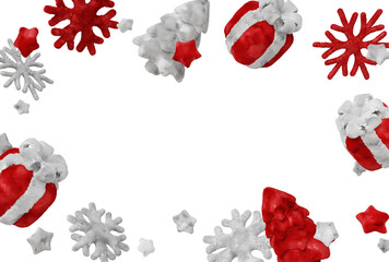 Creative 3D illustration of a plush winter holiday set. Handmade-looking tree, snowflake, stars, and present, all designed in soft blue and gray.