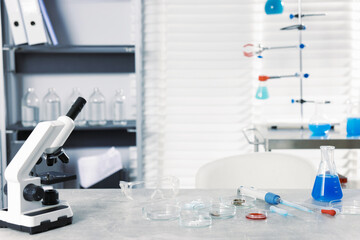 Petri dishes with different samples, microscope and glassware on grey table in laboratory