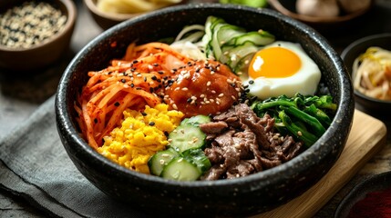 Delicious Korean Bibimbap in a Stone Bowl.