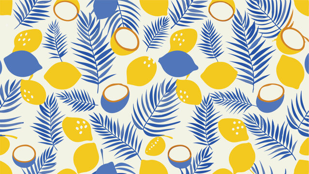 Seamless pattern with yellow lemons, blue leaves and coconuts on a white background design element
