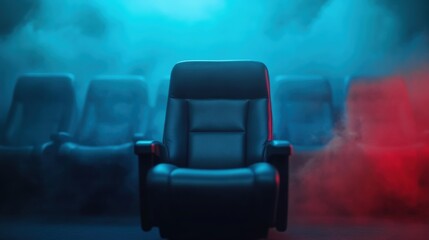 Obraz premium Empty theater seats create an eerie atmosphere with dramatic lighting and fog