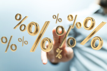 3D render of gold percentage symbols floating near a hand, ideal for finance, sales, discount concepts.