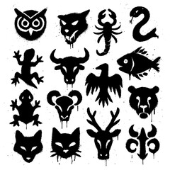 Spray Paint Animal Icons &ndash; Wild Creature Silhouettes with Blood Splatter Effect (Transparent PNG)