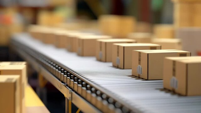 Automated Conveyor Belt Moving Cardboard Shipping Boxes in Modern Logistics Fulfillment Center
