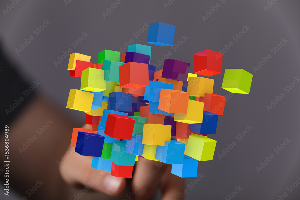 Poster Abstract image of colorful cubes representing data, innovation, or technology. Ideal for tech, business, and creative projects.