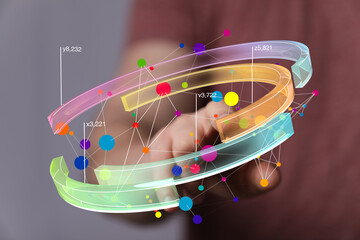 Abstract image of a hand interacting with a vibrant 3D data visualization. Perfect for technology,...