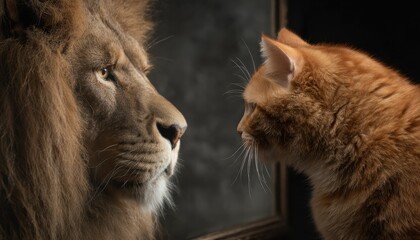 Cat seeing itself as a lion in the reflection highlights self discovery, emphasizing the importance of exploring identity and recognizing untapped potential.