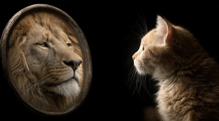 Cat seeing itself as a lion in the reflection highlights self discovery, emphasizing the importance of exploring identity and recognizing untapped potential.