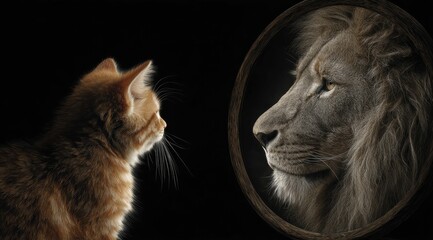Cat seeing itself as a lion in the reflection highlights self discovery, emphasizing the importance of exploring identity and recognizing untapped potential.