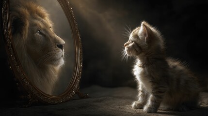 Cat seeing itself as a lion in the reflection highlights self discovery, emphasizing the importance of exploring identity and recognizing untapped potential.