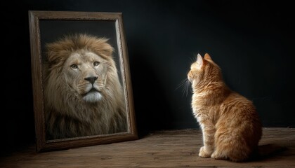 Cat seeing itself as a lion in the reflection highlights self discovery, emphasizing the importance of exploring identity and recognizing untapped potential.