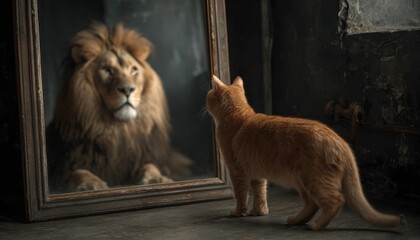 Cat seeing itself as a lion in the reflection highlights self discovery, emphasizing the importance of exploring identity and recognizing untapped potential.