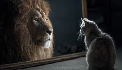 Cat seeing itself as a lion in the reflection highlights self discovery, emphasizing the importance of exploring identity and recognizing untapped potential.
