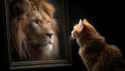 Cat seeing itself as a lion in the reflection highlights self discovery, emphasizing the importance of exploring identity and recognizing untapped potential.