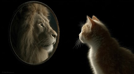 Cat seeing itself as a lion in the reflection highlights self discovery, emphasizing the importance of exploring identity and recognizing untapped potential.