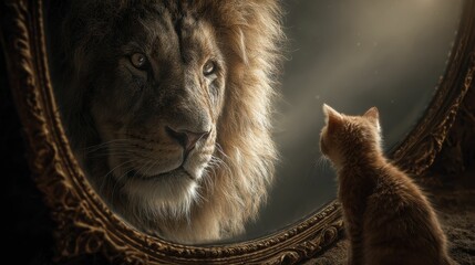 Cat seeing itself as a lion in the reflection highlights self discovery, emphasizing the importance of exploring identity and recognizing untapped potential.