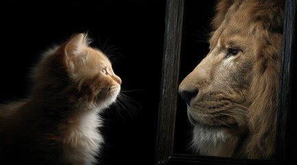 Cat seeing itself as a lion in the reflection highlights self discovery, emphasizing the importance of exploring identity and recognizing untapped potential.