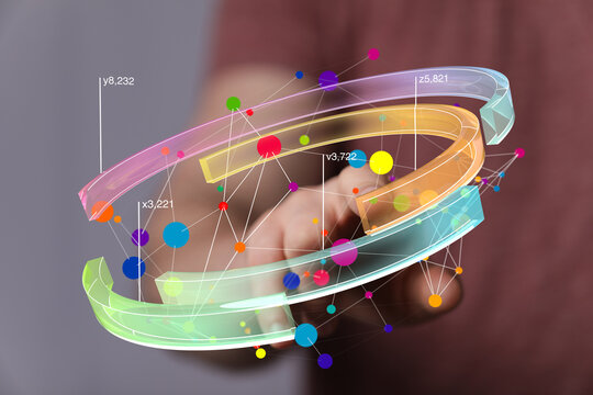 Abstract image of a hand interacting with a vibrant 3D data visualization. Perfect for technology, analytics, and big data concepts.