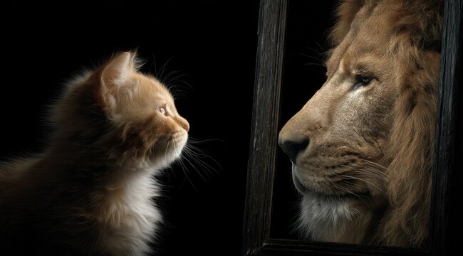 Cat seeing itself as a lion in the reflection highlights self discovery, emphasizing the importance of exploring identity and recognizing untapped potential.
