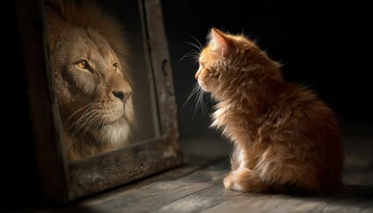 Cat seeing itself as a lion in the reflection highlights self discovery, emphasizing the importance of exploring identity and recognizing untapped potential.