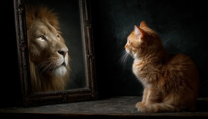 Cat seeing itself as a lion in the reflection highlights self discovery, emphasizing the importance of exploring identity and recognizing untapped potential.