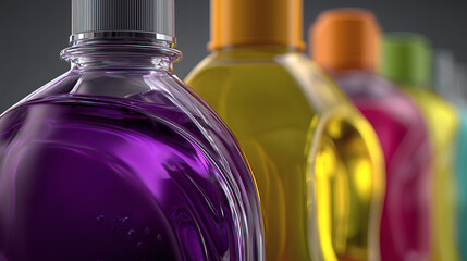 Primer plano de botellas plásticas de productos de limpieza coloridos
