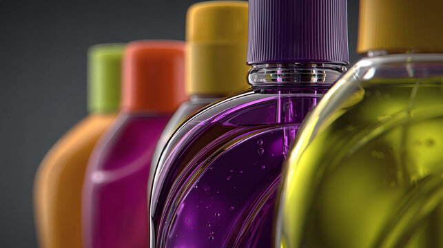 Primer plano de botellas pl&aacute;sticas de productos de limpieza coloridos